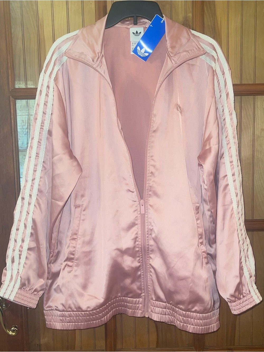 adidas Satin Pink Oversized Track Jacket White 3-Stripes with Matching Pants - Picture 10 of 13